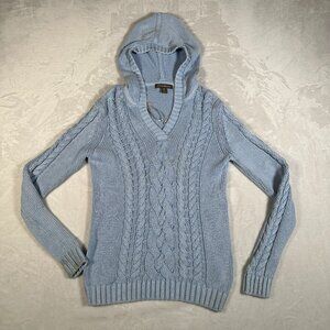 Tommy Bahama Sweater Women Size S Blue Cable Knit Pullover Hooded Long Sleeve